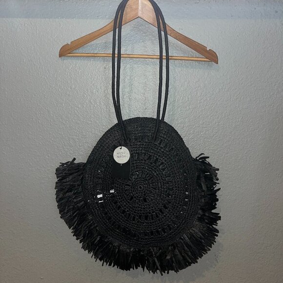 ZARA NWT Black Handmade Raffia Round Bag with Fringe & Attached Interior Purse - Picture 1 of 7